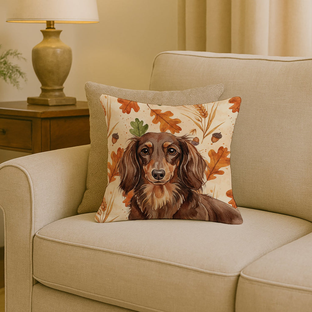 Longhaired Chocolate and Tan Dachshund Heirloom Fall Decorative Throw Pillow 18x18 Indoor Outdoor Accent Cushion, Fabric Cover with Insert for Sofa, Bed, Porch & Living Room