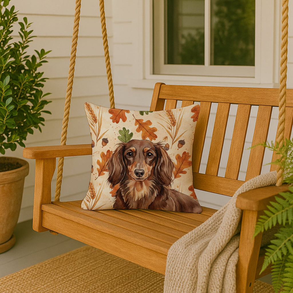 Longhaired Chocolate and Tan Dachshund Heirloom Fall Decorative Throw Pillow 18x18 Indoor Outdoor Accent Cushion, Fabric Cover with Insert for Sofa, Bed, Porch & Living Room