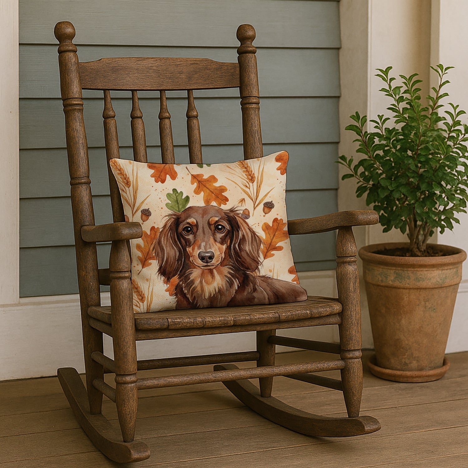 Longhaired Chocolate and Tan Dachshund Heirloom Fall Decorative Throw Pillow 18x18 Indoor Outdoor Accent Cushion, Fabric Cover with Insert for Sofa, Bed, Porch & Living Room