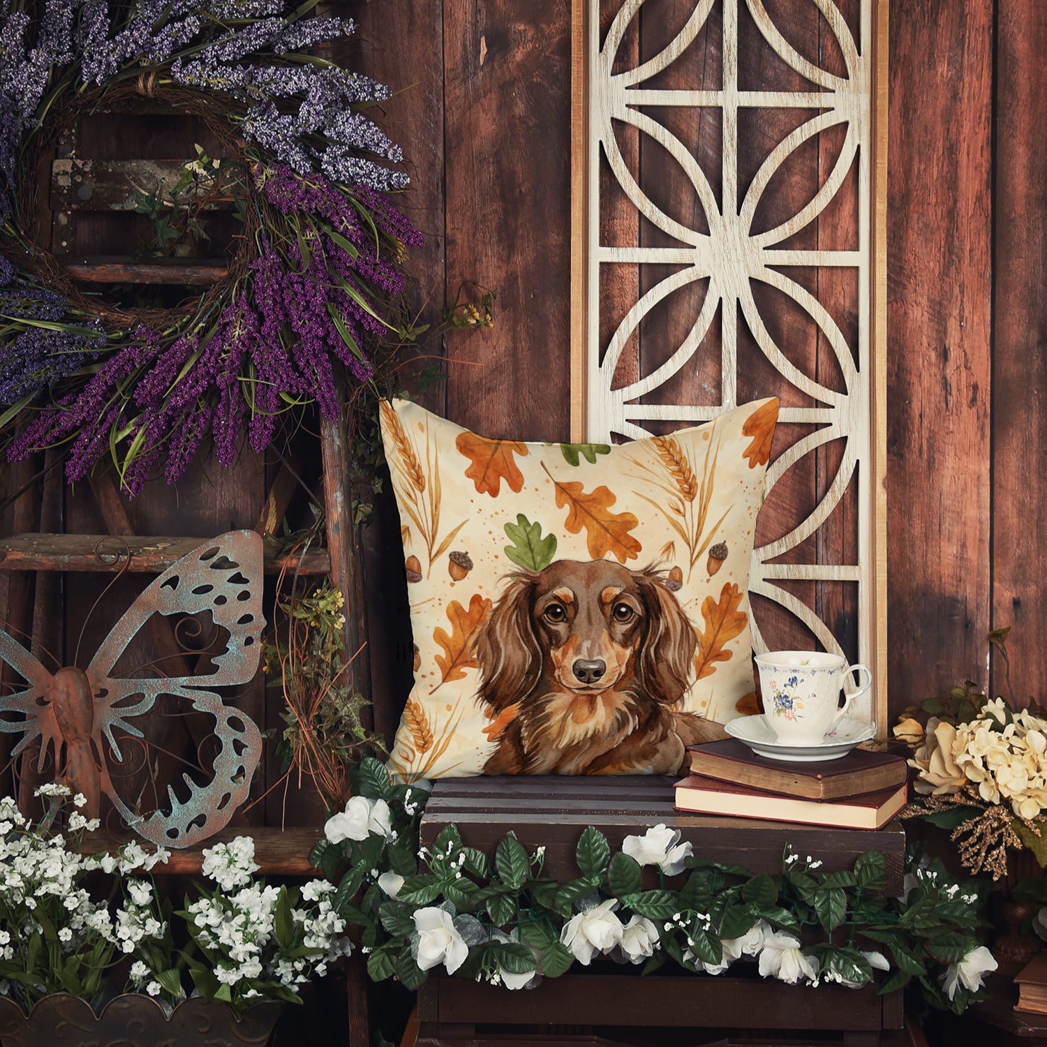 Longhaired Chocolate and Tan Dachshund Heirloom Fall Decorative Throw Pillow 18x18 Indoor Outdoor Accent Cushion, Fabric Cover with Insert for Sofa, Bed, Porch & Living Room