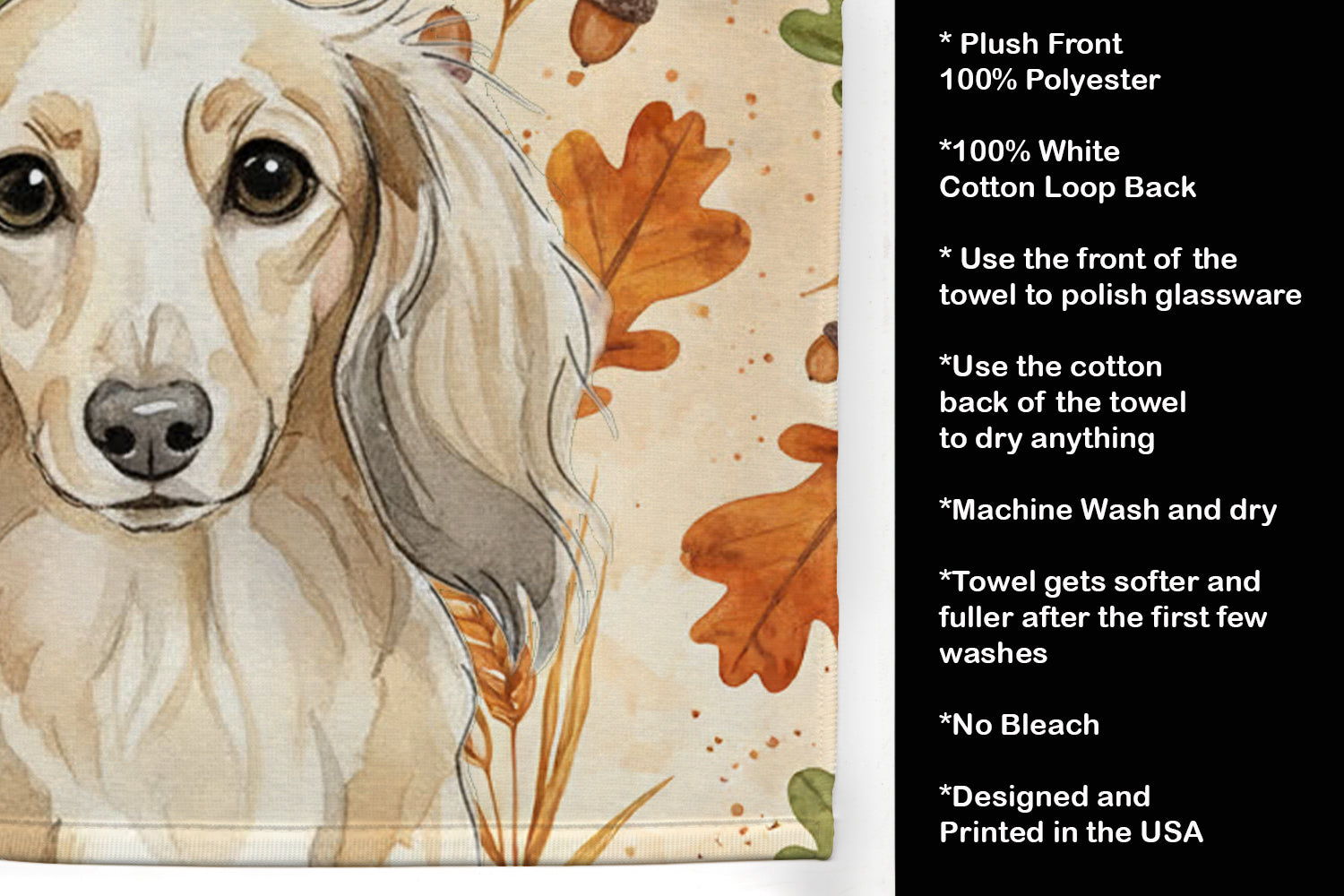 Longhaired Cream Dachshund Heirloom Fall Kitchen Towel Velour Plush Front and Cotton Loop Back Machine Washable
