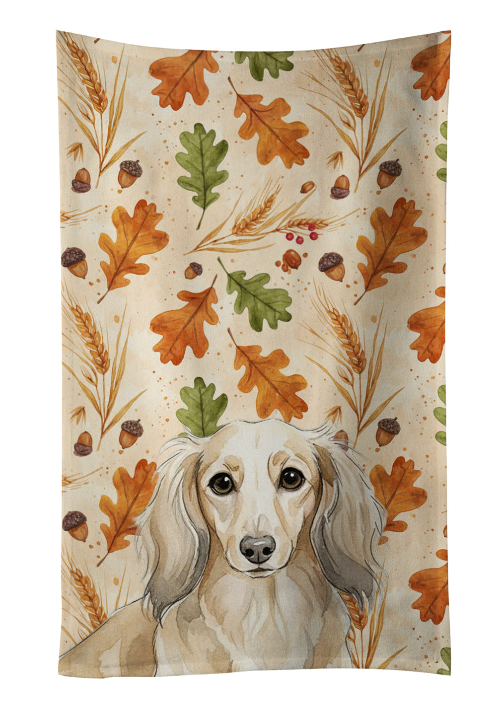 Longhaired Cream Dachshund Heirloom Fall Kitchen Towel Velour Plush Front and Cotton Loop Back Machine Washable