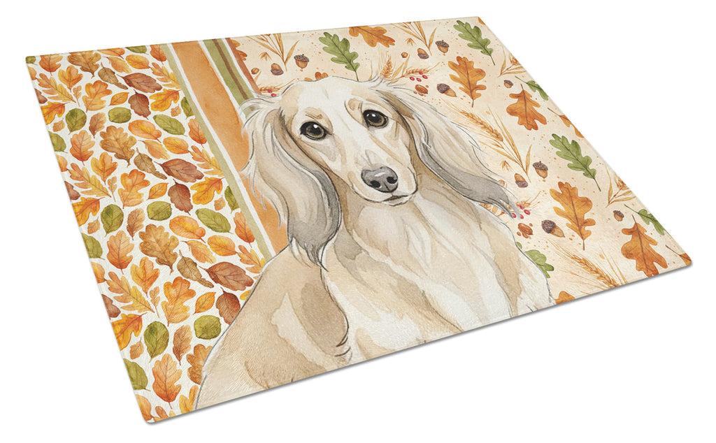 Longhaired Cream Dachshund Heirloom Fall Cutting Board Tempered Glass Kitchen Cutting Surface, Heat Resistant Chopping, Non-Slip Feet, Food Prep & Serving