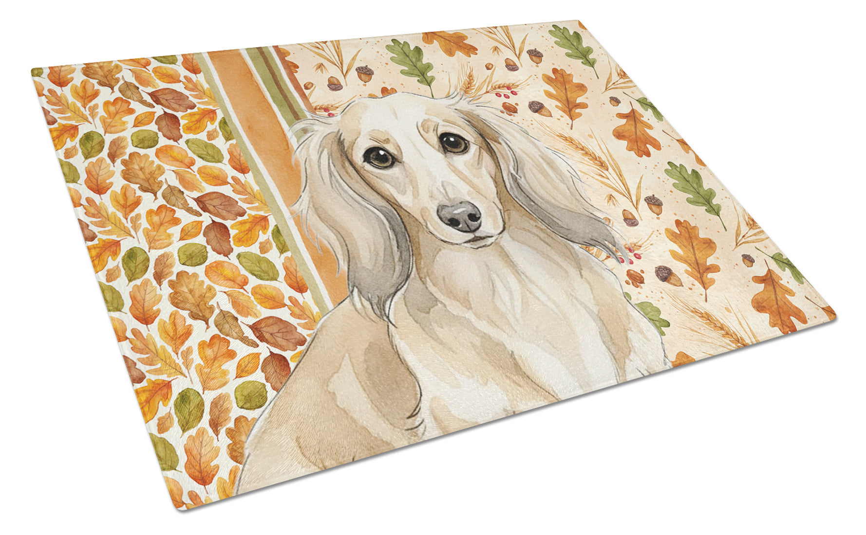 Longhaired Cream Dachshund Heirloom Fall Cutting Board Tempered Glass Kitchen Cutting Surface, Heat Resistant Chopping, Non-Slip Feet, Food Prep & Serving
