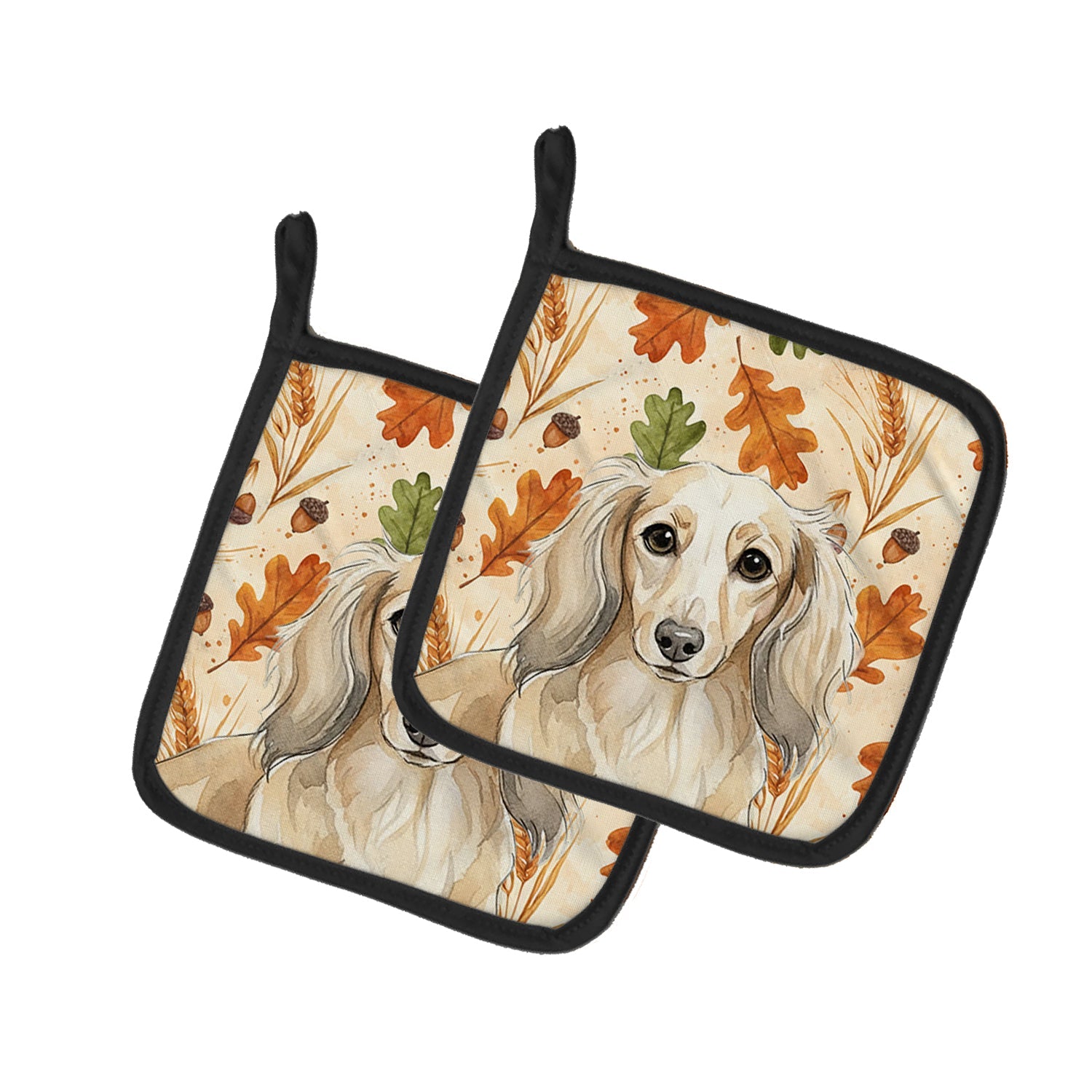 Longhaired Cream Dachshund Heirloom Fall Pot Holder Set of 2 Heat Resistant Quilted Hot Pads 7.5 x 7.5 Inch, Insulated Kitchen Trivets for Cooking & Baking