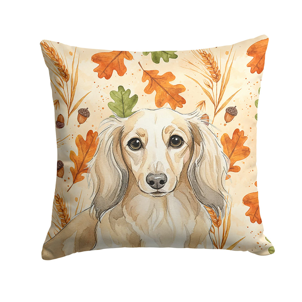 Longhaired Cream Dachshund Heirloom Fall Decorative Throw Pillow 18x18 Indoor Outdoor Accent Cushion, Fabric Cover with Insert for Sofa, Bed, Porch & Living Room