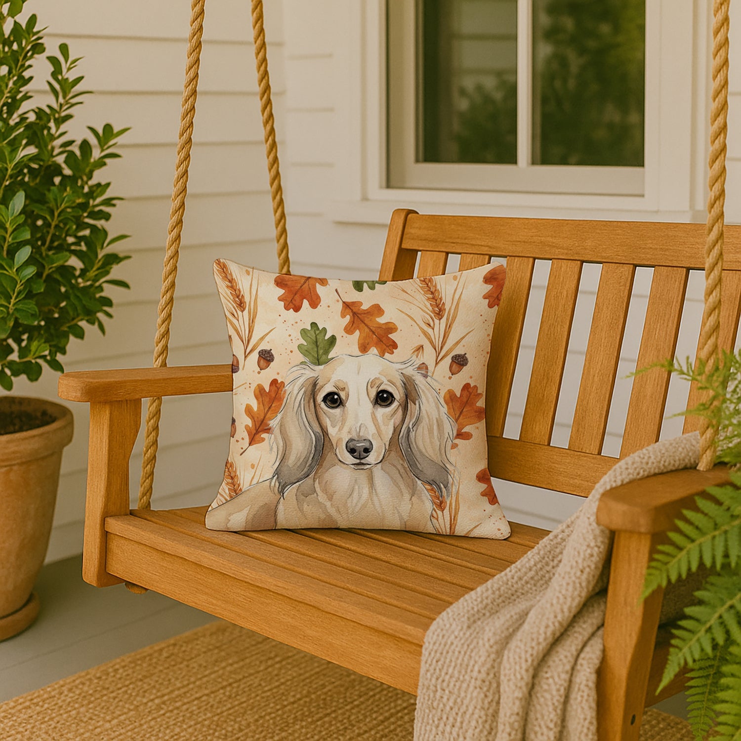 Longhaired Cream Dachshund Heirloom Fall Decorative Throw Pillow 18x18 Indoor Outdoor Accent Cushion, Fabric Cover with Insert for Sofa, Bed, Porch & Living Room