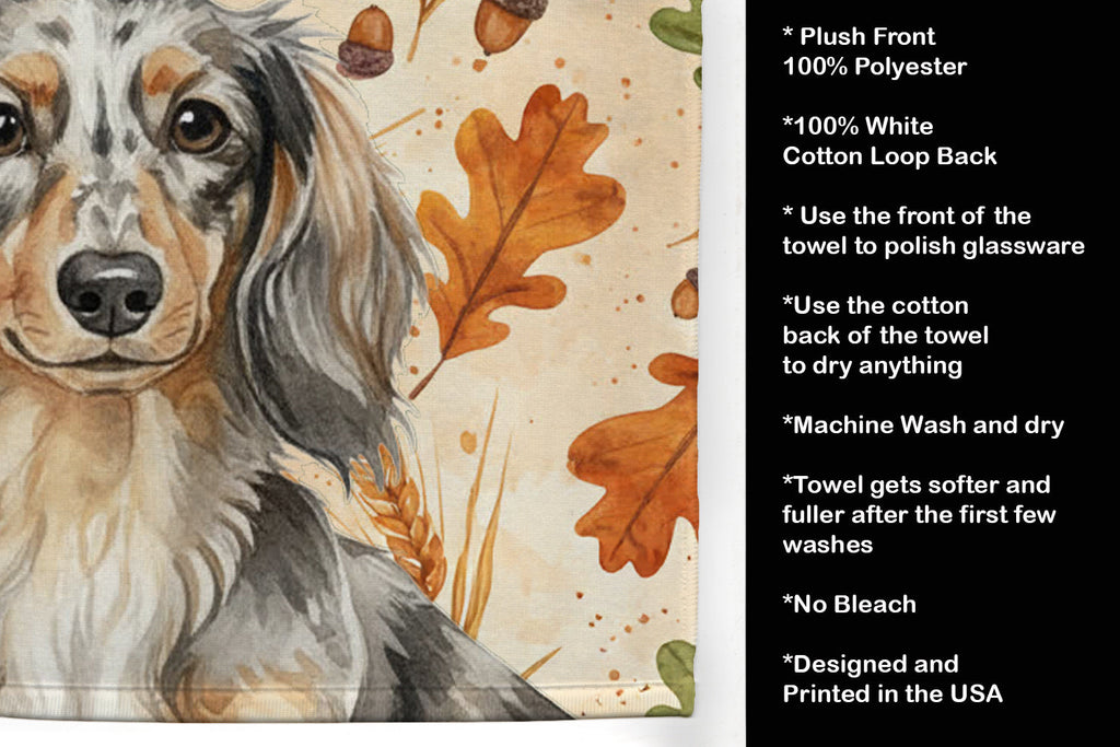 Longhaired Dapple Dachshund Heirloom Fall Kitchen Towel Velour Plush Front and Cotton Loop Back Machine Washable