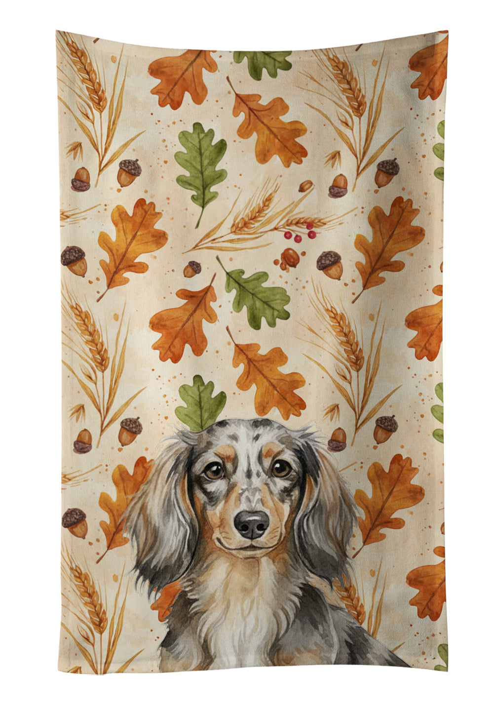 Longhaired Dapple Dachshund Heirloom Fall Kitchen Towel Velour Plush Front and Cotton Loop Back Machine Washable