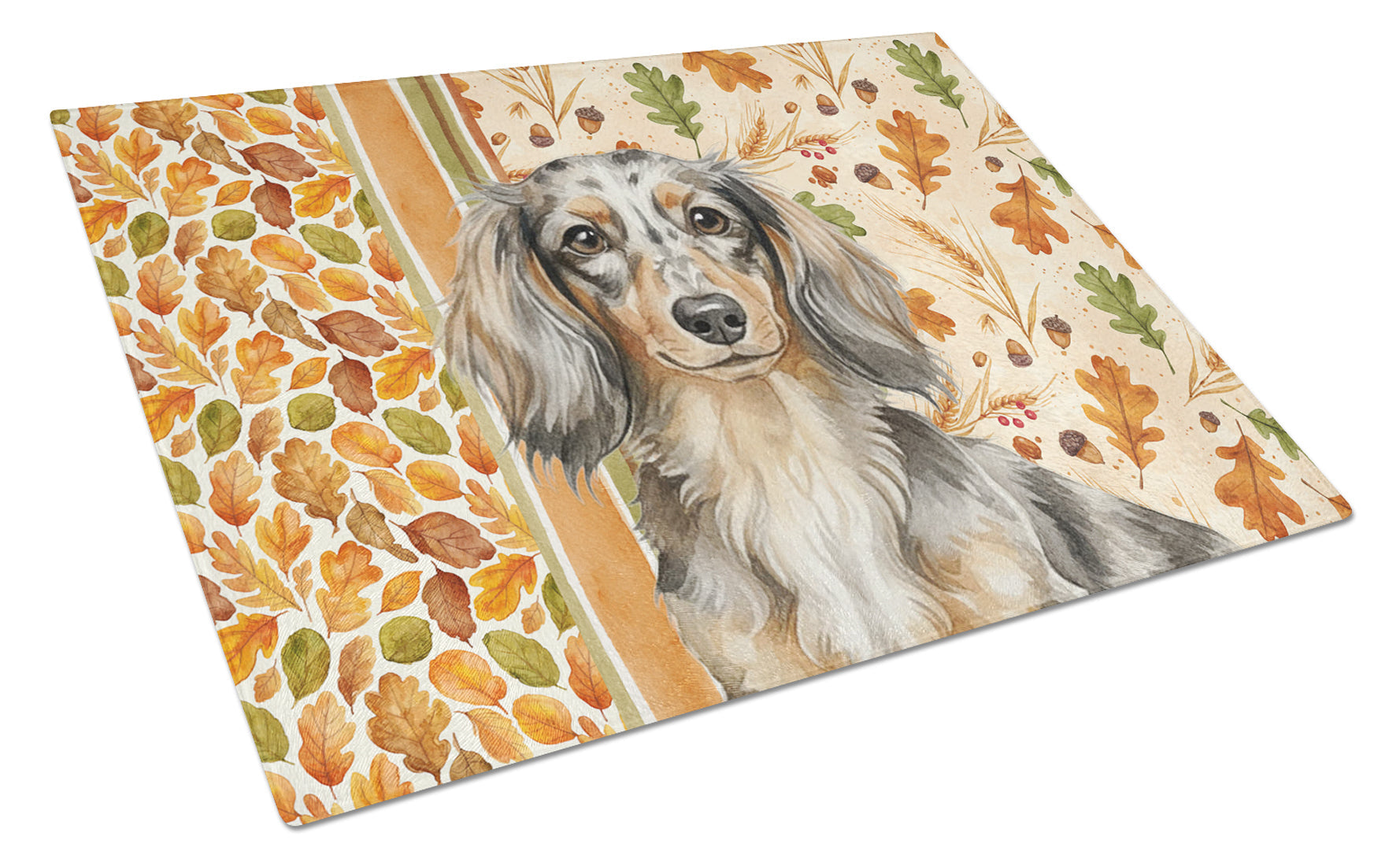 Longhaired Dapple Dachshund Heirloom Fall Cutting Board Tempered Glass Kitchen Cutting Surface, Heat Resistant Chopping, Non-Slip Feet, Food Prep & Serving