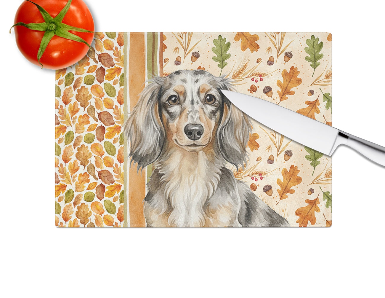 Longhaired Dapple Dachshund Heirloom Fall Cutting Board Tempered Glass Kitchen Cutting Surface, Heat Resistant Chopping, Non-Slip Feet, Food Prep & Serving