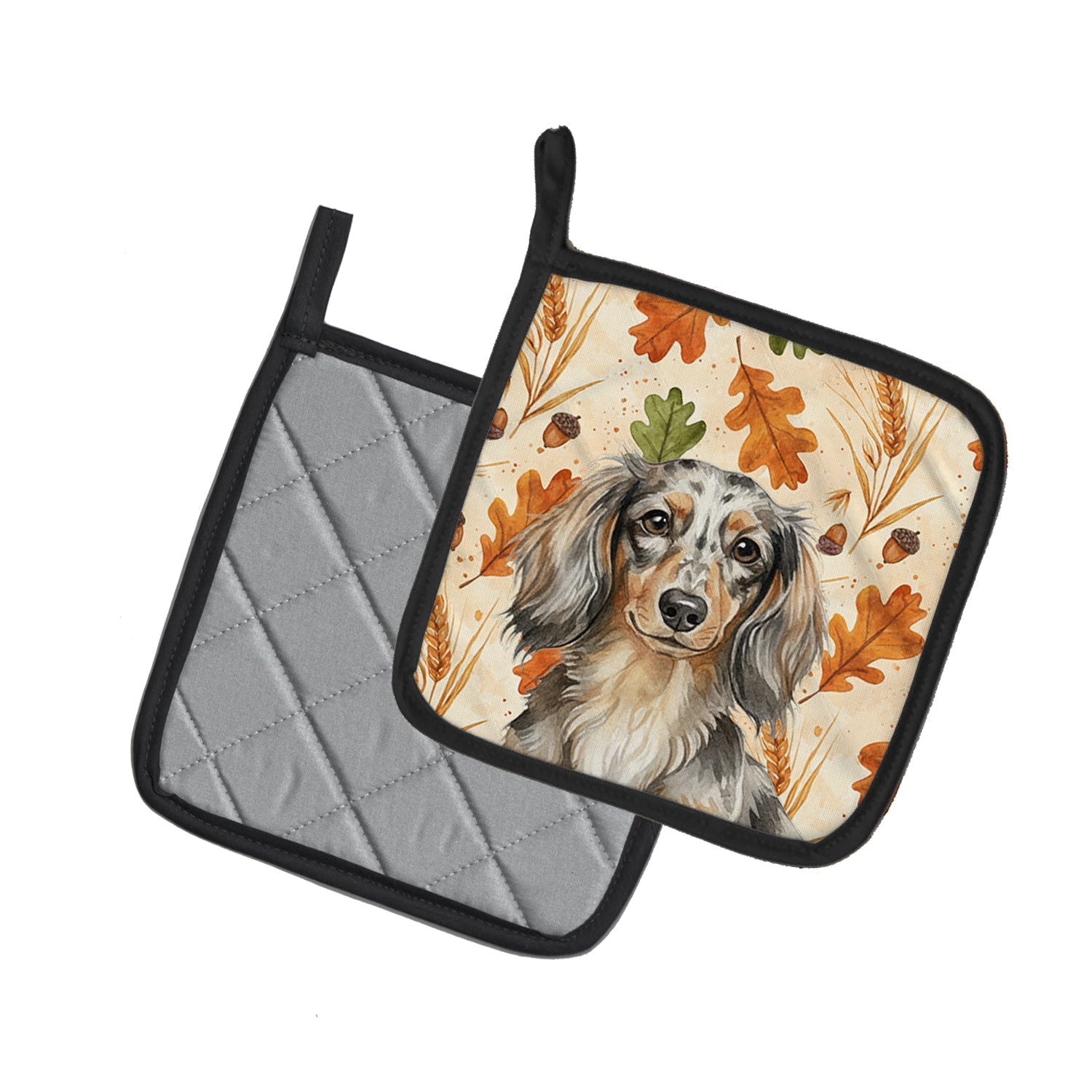 Longhaired Dapple Dachshund Heirloom Fall Pot Holder Set of 2 Heat Resistant Quilted Hot Pads 7.5 x 7.5 Inch, Insulated Kitchen Trivets for Cooking & Baking