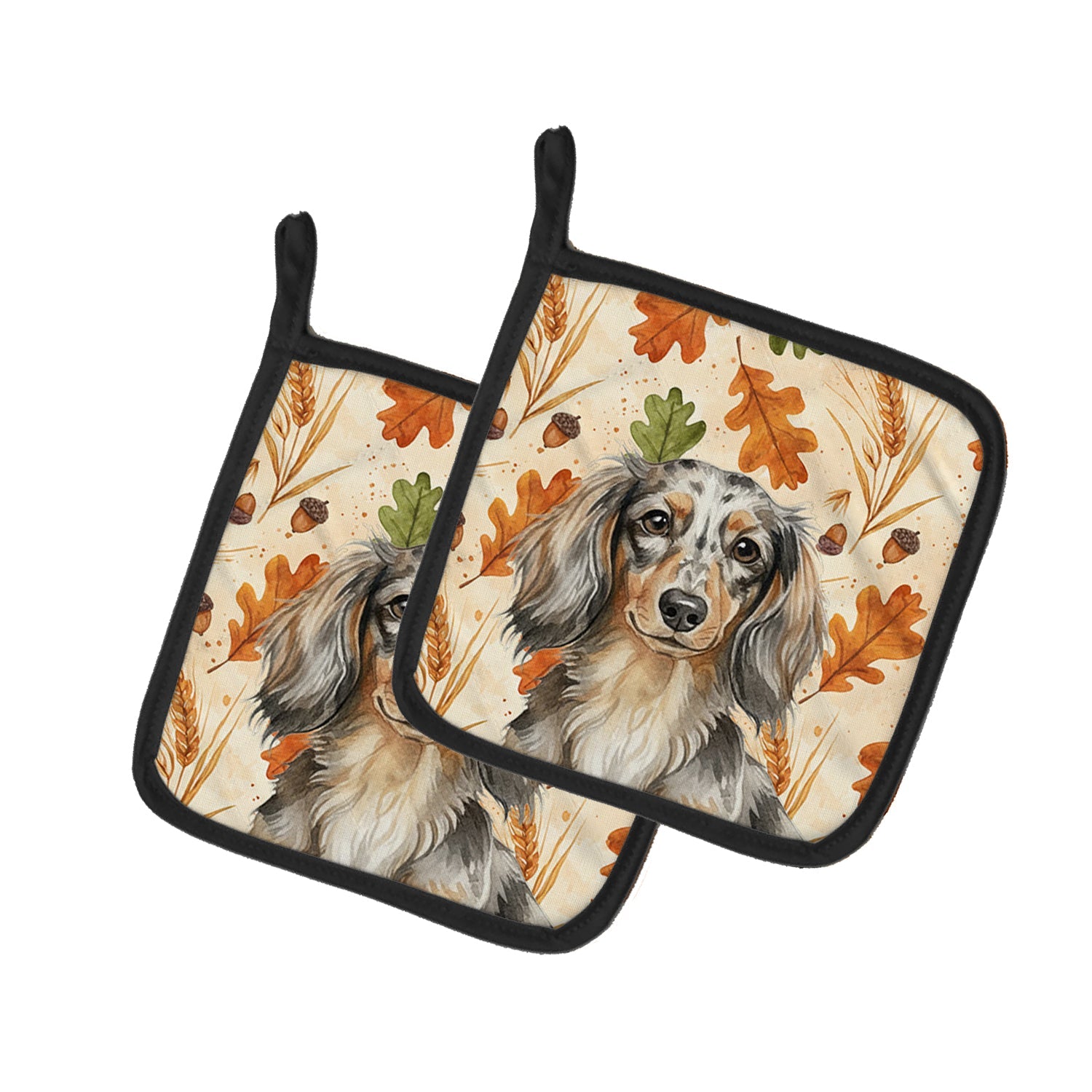 Longhaired Dapple Dachshund Heirloom Fall Pot Holder Set of 2 Heat Resistant Quilted Hot Pads 7.5 x 7.5 Inch, Insulated Kitchen Trivets for Cooking & Baking