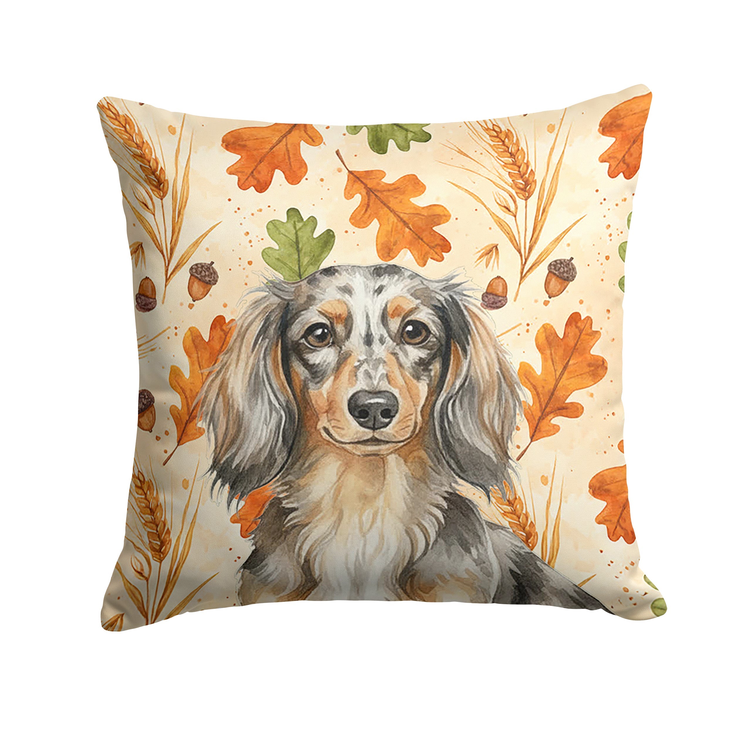 Longhaired Dapple Dachshund Heirloom Fall Decorative Throw Pillow 14x14 Indoor Outdoor Accent Cushion, Fabric Cover with Insert for Sofa, Bed, Porch & Living Room