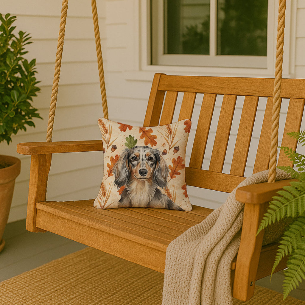 Longhaired Dapple Dachshund Heirloom Fall Decorative Throw Pillow 14x14 Indoor Outdoor Accent Cushion, Fabric Cover with Insert for Sofa, Bed, Porch & Living Room