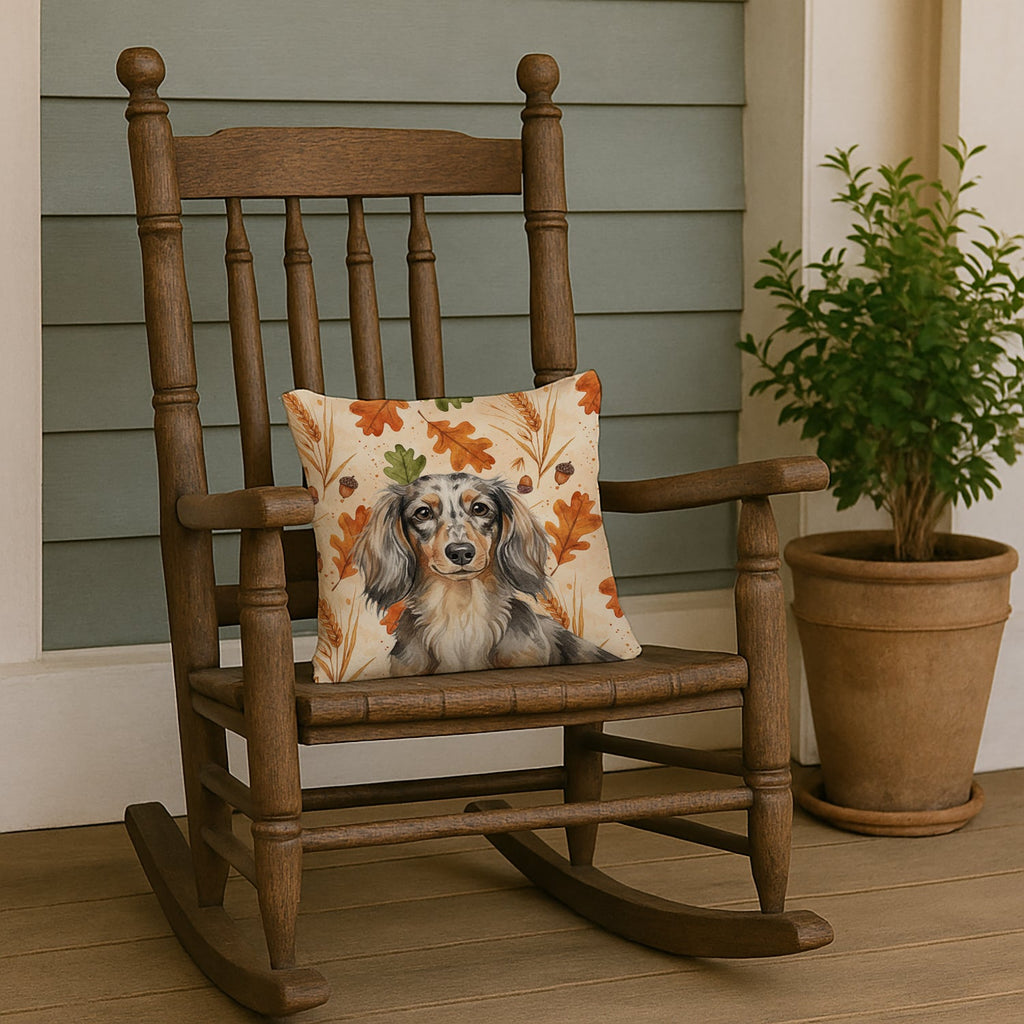 Longhaired Dapple Dachshund Heirloom Fall Decorative Throw Pillow 14x14 Indoor Outdoor Accent Cushion, Fabric Cover with Insert for Sofa, Bed, Porch & Living Room