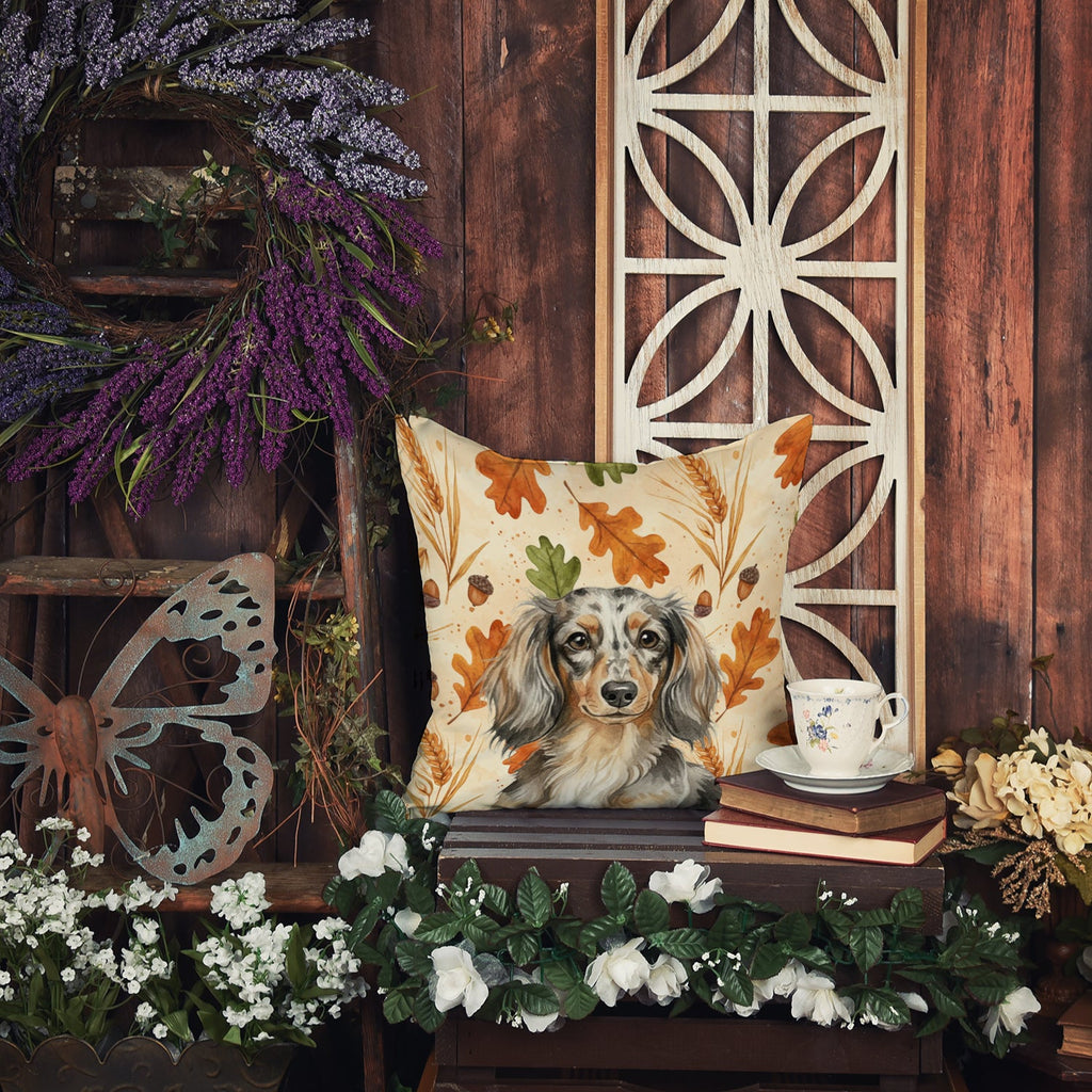 Longhaired Dapple Dachshund Heirloom Fall Decorative Throw Pillow 14x14 Indoor Outdoor Accent Cushion, Fabric Cover with Insert for Sofa, Bed, Porch & Living Room