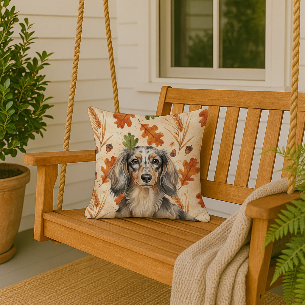 Longhaired Dapple Dachshund Heirloom Fall Decorative Throw Pillow 18x18 Indoor Outdoor Accent Cushion, Fabric Cover with Insert for Sofa, Bed, Porch & Living Room