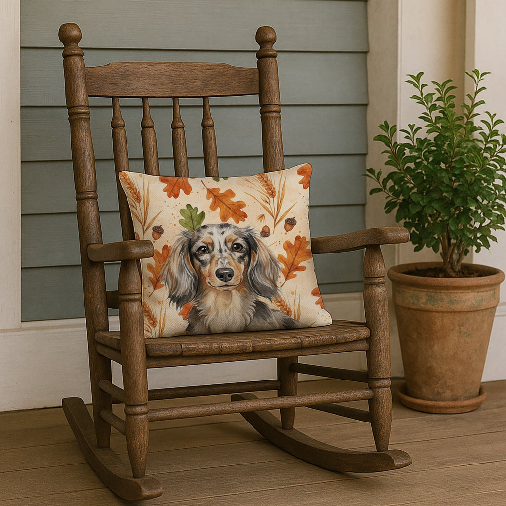 Longhaired Dapple Dachshund Heirloom Fall Decorative Throw Pillow 18x18 Indoor Outdoor Accent Cushion, Fabric Cover with Insert for Sofa, Bed, Porch & Living Room