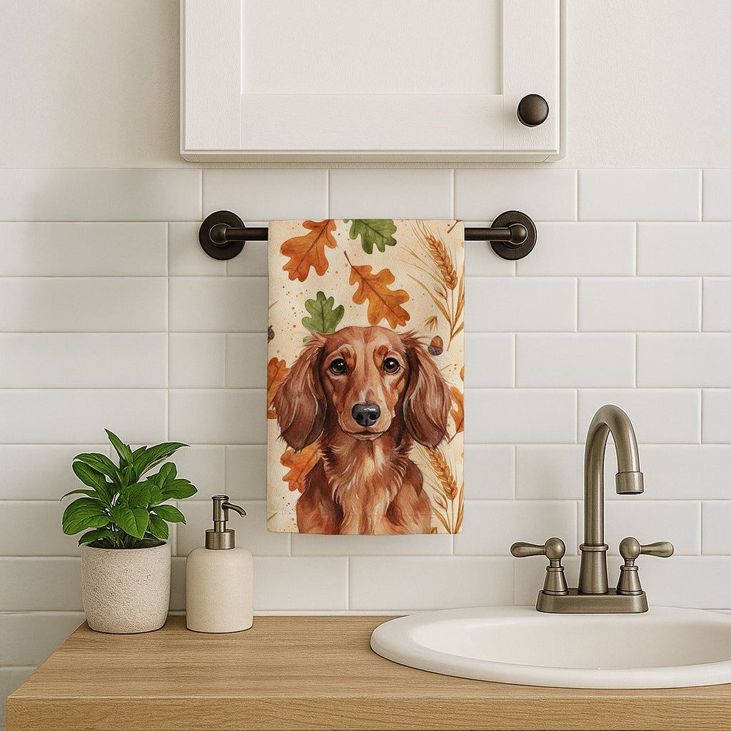 Longhaired Red Dachshund Heirloom Fall Kitchen Towel Velour Plush Front and Cotton Loop Back Machine Washable