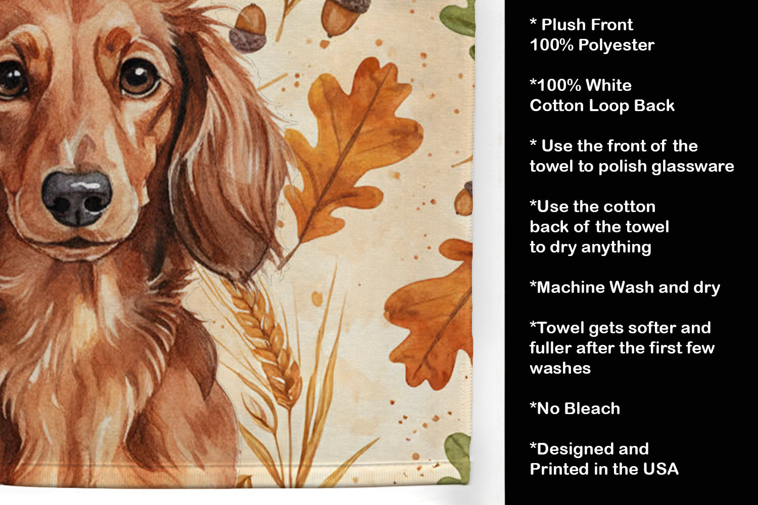 Longhaired Red Dachshund Heirloom Fall Kitchen Towel Velour Plush Front and Cotton Loop Back Machine Washable