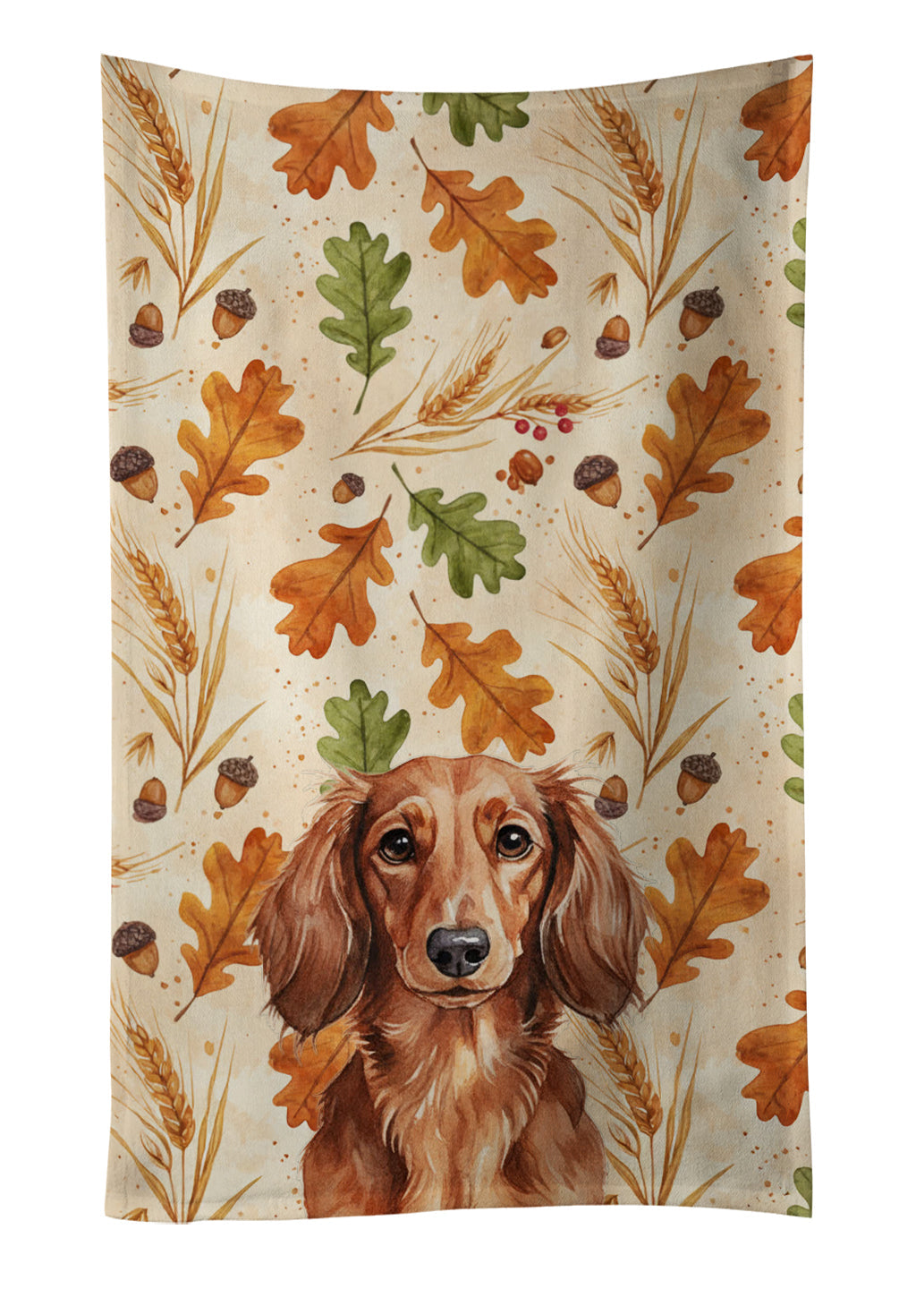 Longhaired Red Dachshund Heirloom Fall Kitchen Towel Velour Plush Front and Cotton Loop Back Machine Washable