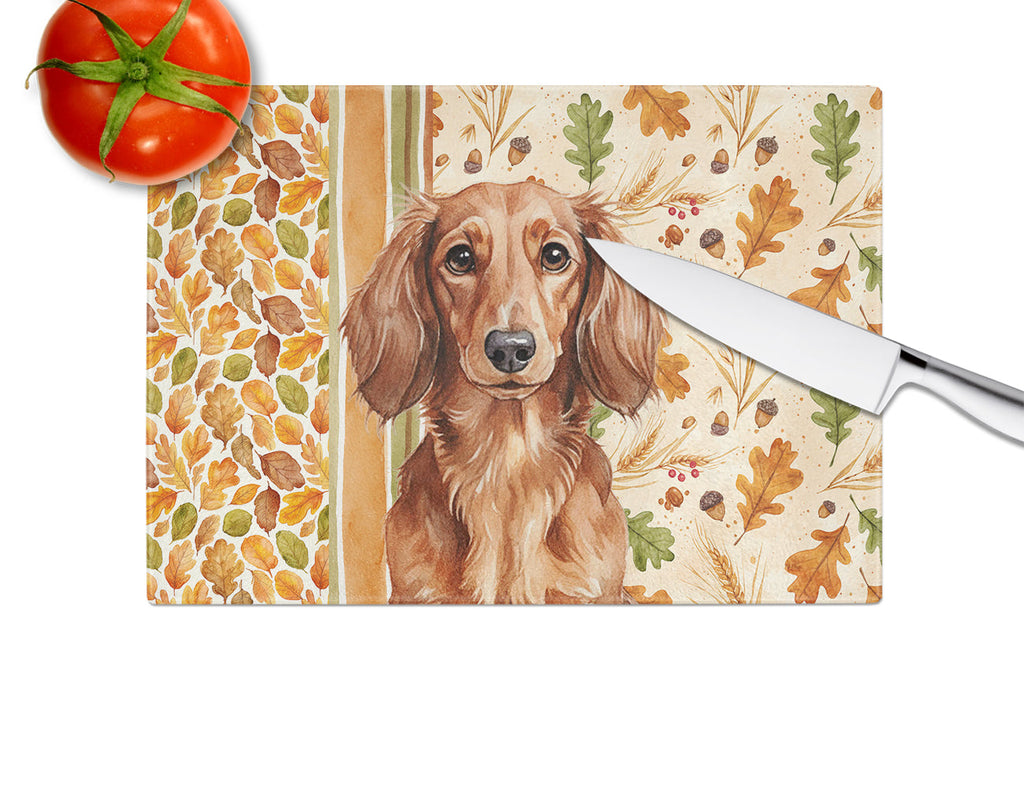 Longhaired Red Dachshund Heirloom Fall Cutting Board Tempered Glass Kitchen Cutting Surface, Heat Resistant Chopping, Non-Slip Feet, Food Prep & Serving