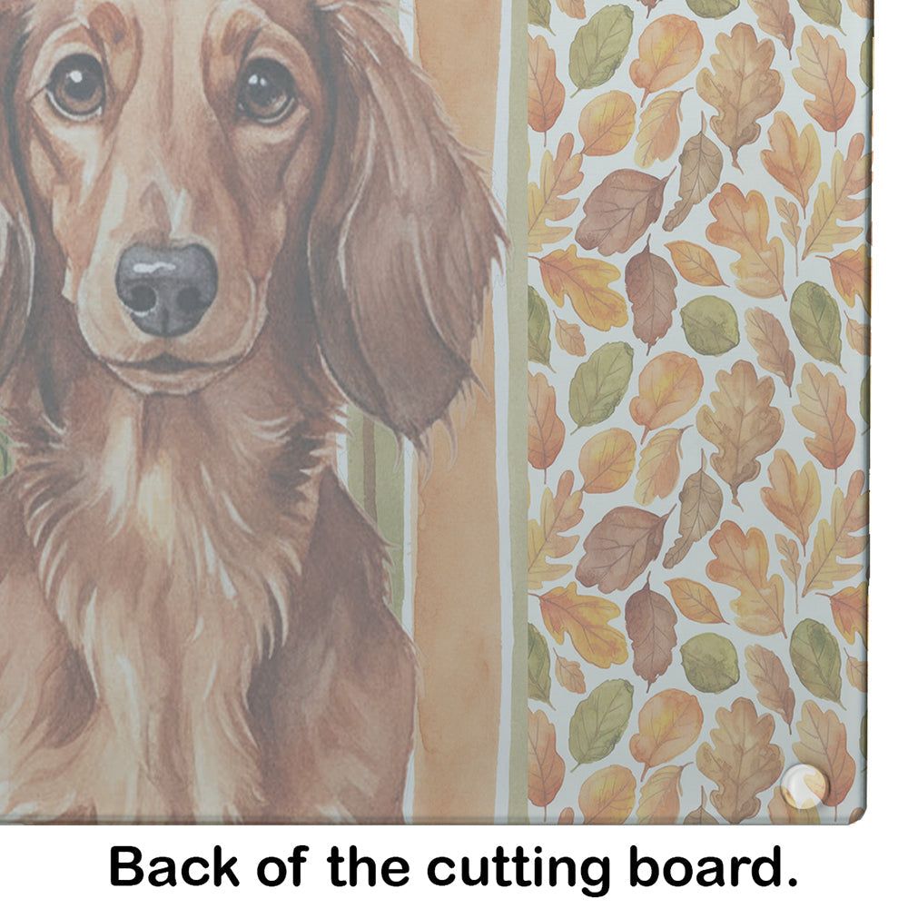 Longhaired Red Dachshund Heirloom Fall Cutting Board Tempered Glass Kitchen Cutting Surface, Heat Resistant Chopping, Non-Slip Feet, Food Prep & Serving