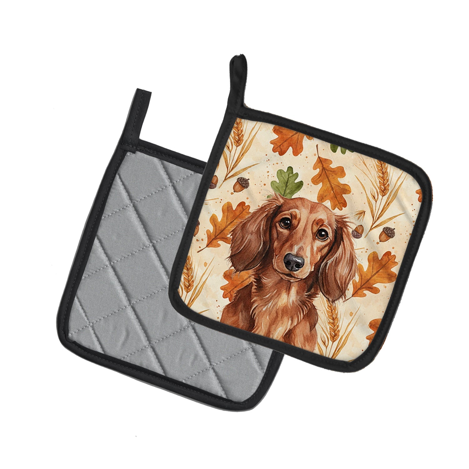 Longhaired Red Dachshund Heirloom Fall Pot Holder Set of 2 Heat Resistant Quilted Hot Pads 7.5 x 7.5 Inch, Insulated Kitchen Trivets for Cooking & Baking