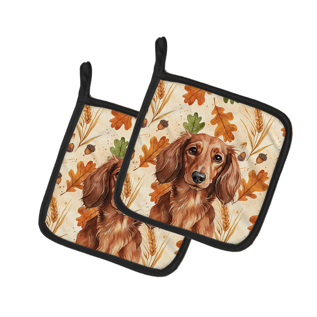 Longhaired Red Dachshund Heirloom Fall Pot Holder Set of 2 Heat Resistant Quilted Hot Pads 7.5 x 7.5 Inch, Insulated Kitchen Trivets for Cooking & Baking