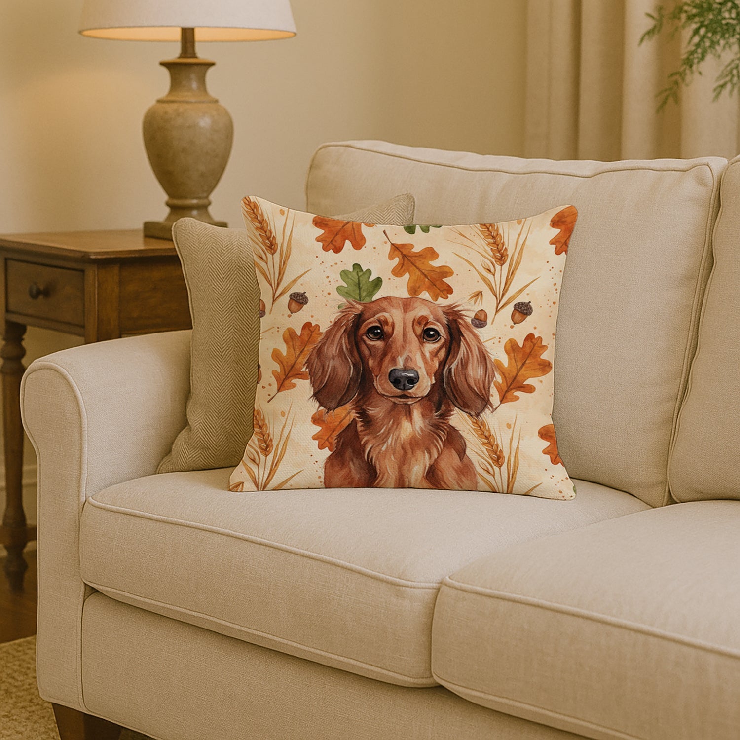 Longhaired Red Dachshund Heirloom Fall Decorative Throw Pillow 14x14 Indoor Outdoor Accent Cushion, Fabric Cover with Insert for Sofa, Bed, Porch & Living Room
