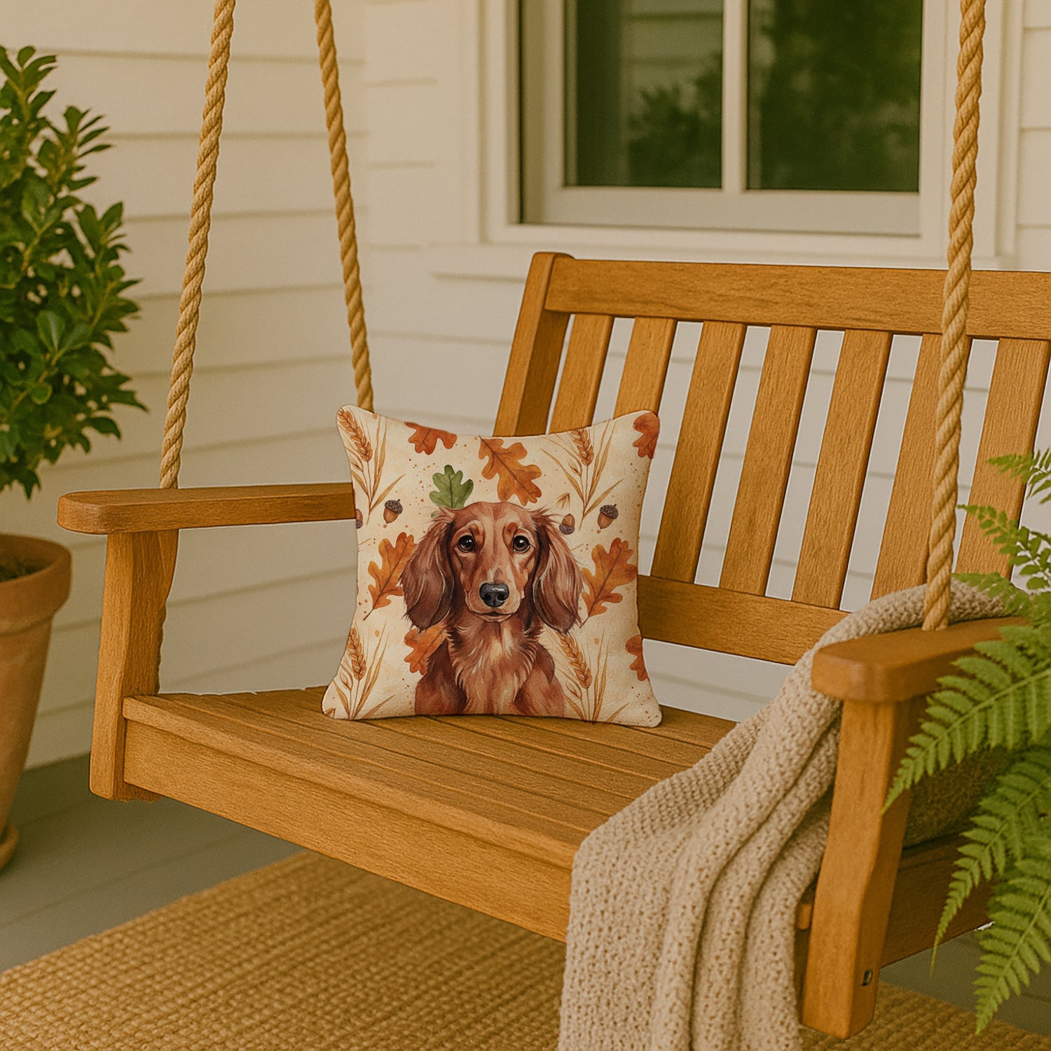 Longhaired Red Dachshund Heirloom Fall Decorative Throw Pillow 14x14 Indoor Outdoor Accent Cushion, Fabric Cover with Insert for Sofa, Bed, Porch & Living Room
