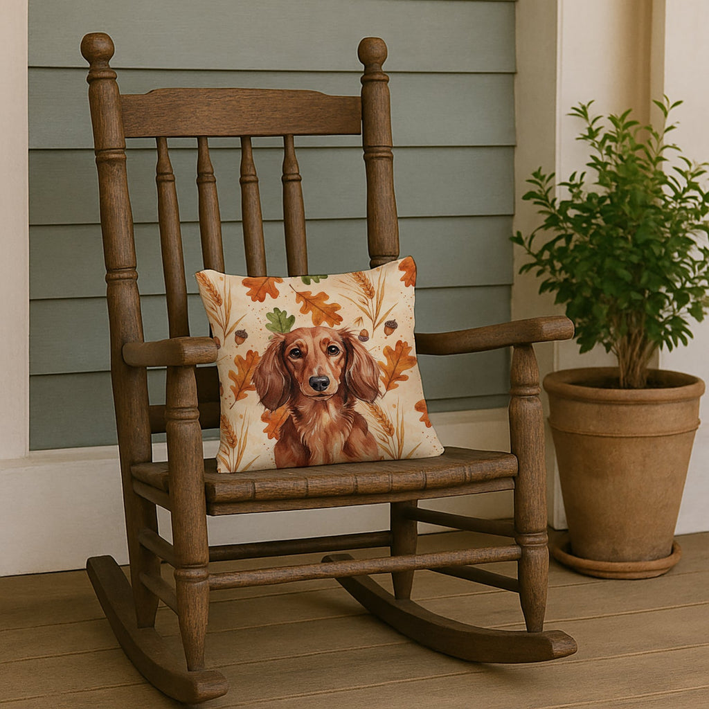 Longhaired Red Dachshund Heirloom Fall Decorative Throw Pillow 14x14 Indoor Outdoor Accent Cushion, Fabric Cover with Insert for Sofa, Bed, Porch & Living Room