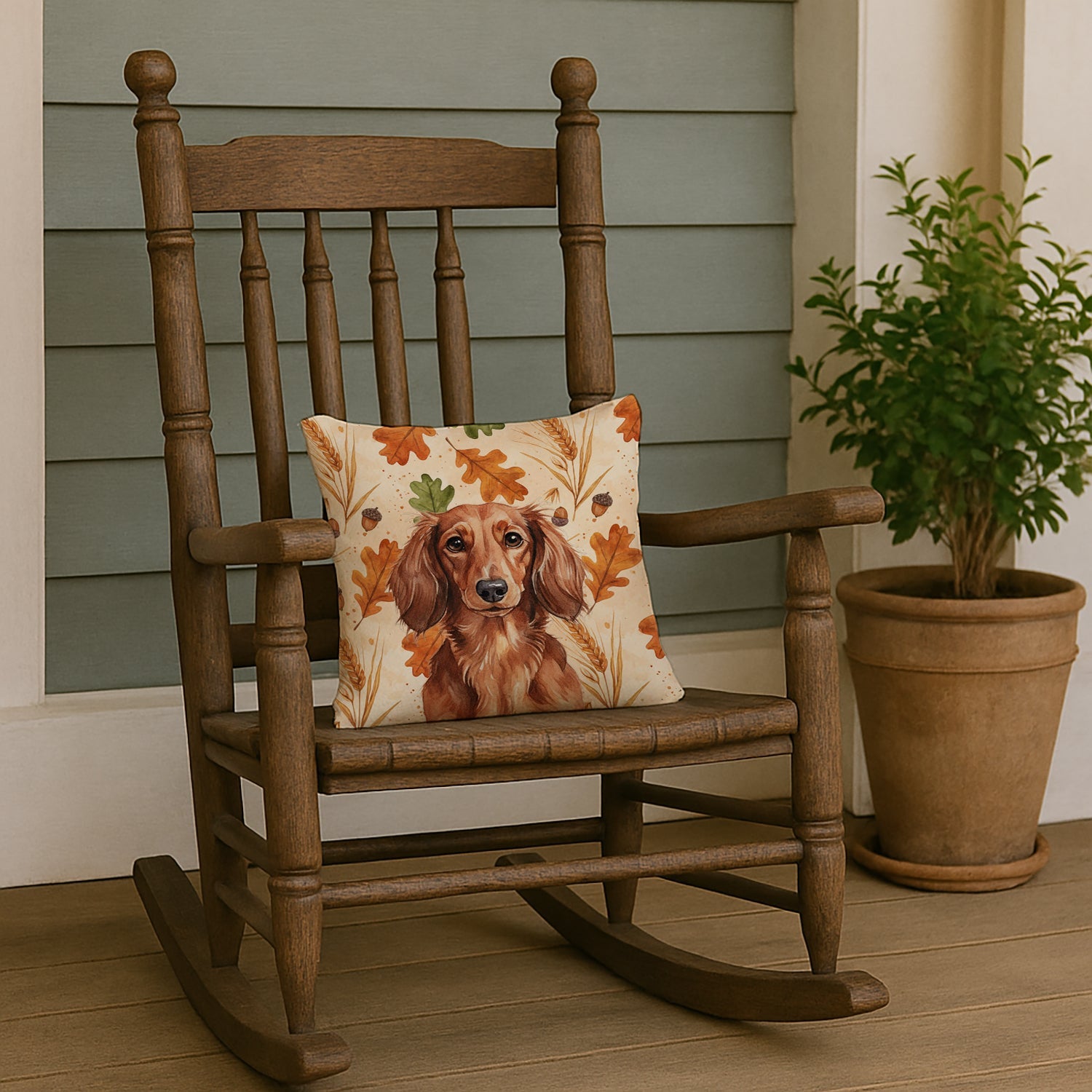 Longhaired Red Dachshund Heirloom Fall Decorative Throw Pillow 14x14 Indoor Outdoor Accent Cushion, Fabric Cover with Insert for Sofa, Bed, Porch & Living Room