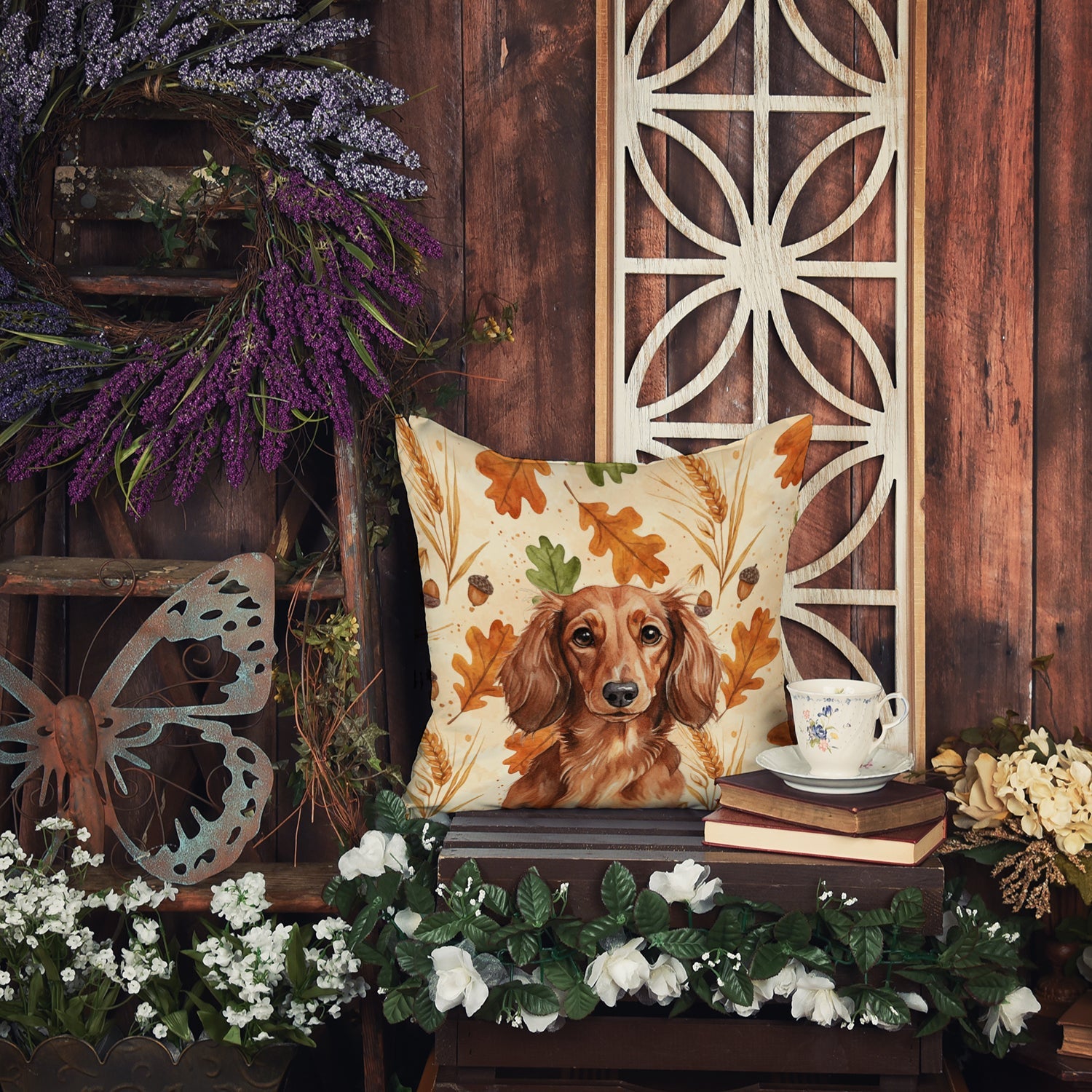 Longhaired Red Dachshund Heirloom Fall Decorative Throw Pillow 14x14 Indoor Outdoor Accent Cushion, Fabric Cover with Insert for Sofa, Bed, Porch & Living Room