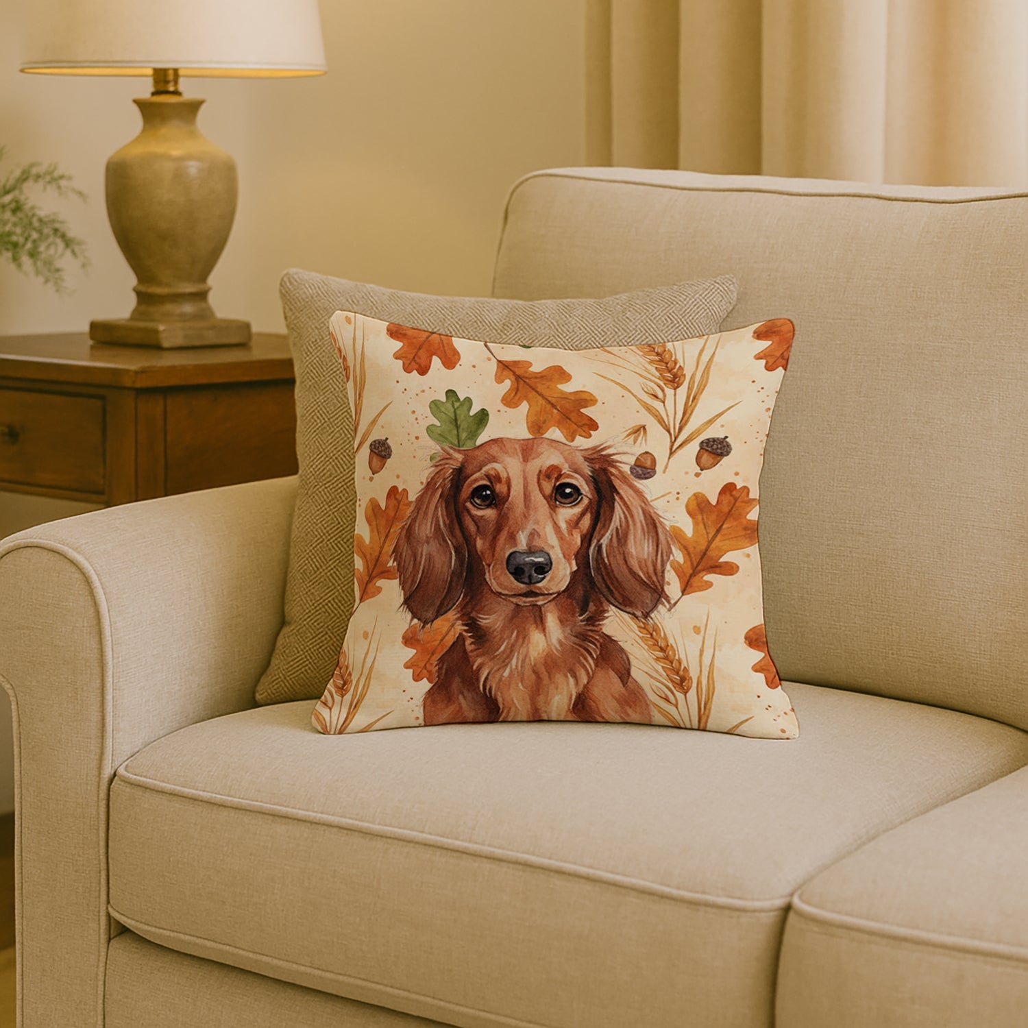 Longhaired Red Dachshund Heirloom Fall Decorative Throw Pillow 18x18 Indoor Outdoor Accent Cushion, Fabric Cover with Insert for Sofa, Bed, Porch & Living Room