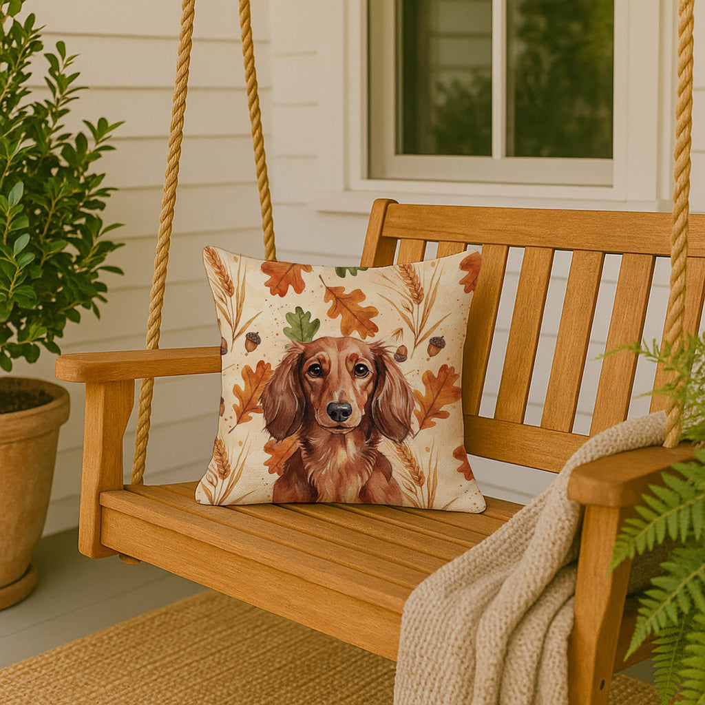 Longhaired Red Dachshund Heirloom Fall Decorative Throw Pillow 18x18 Indoor Outdoor Accent Cushion, Fabric Cover with Insert for Sofa, Bed, Porch & Living Room