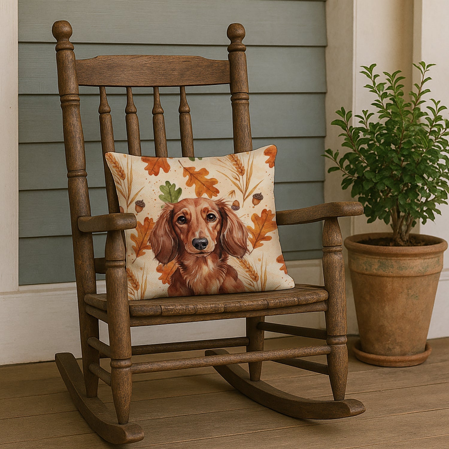 Longhaired Red Dachshund Heirloom Fall Decorative Throw Pillow 18x18 Indoor Outdoor Accent Cushion, Fabric Cover with Insert for Sofa, Bed, Porch & Living Room