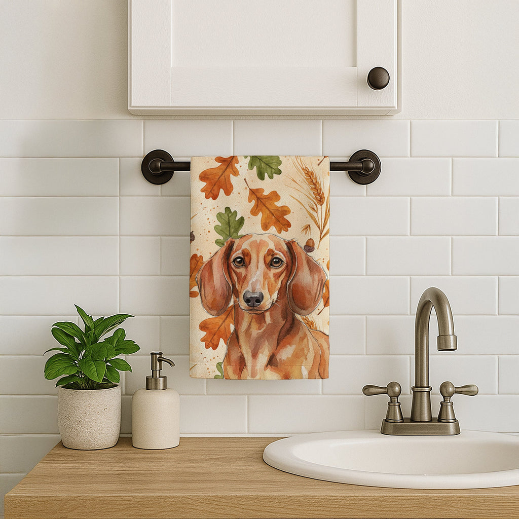 Red Brown Dachshund Heirloom Fall Kitchen Towel Velour Plush Front and Cotton Loop Back Machine Washable