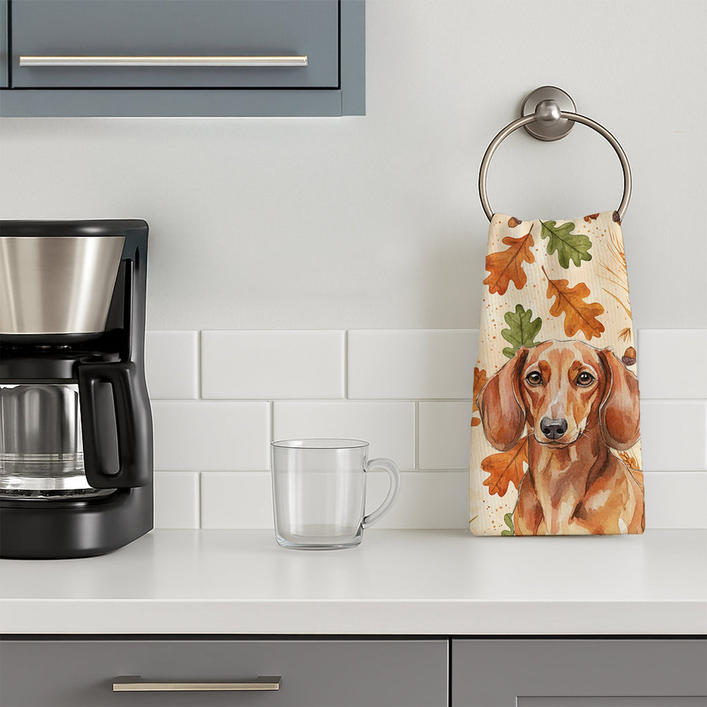 Red Brown Dachshund Heirloom Fall Kitchen Towel Velour Plush Front and Cotton Loop Back Machine Washable