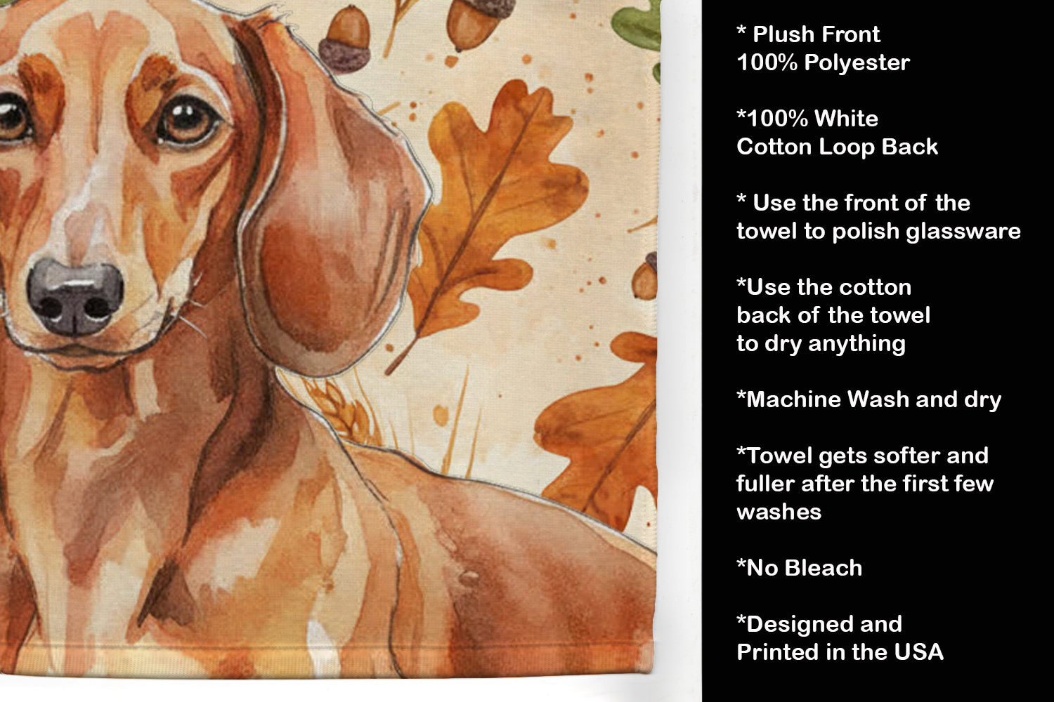 Red Brown Dachshund Heirloom Fall Kitchen Towel Velour Plush Front and Cotton Loop Back Machine Washable
