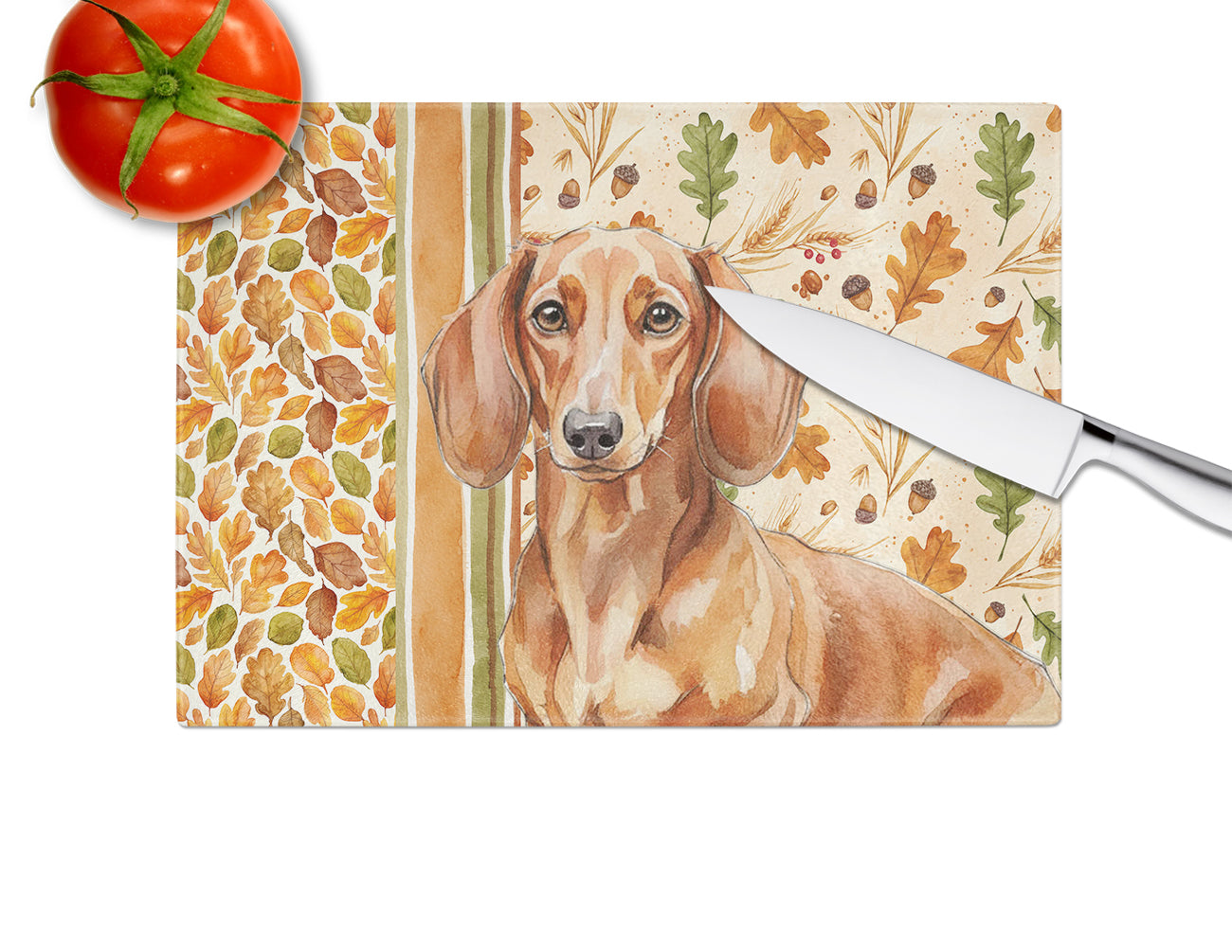 Red Brown Dachshund Heirloom Fall Cutting Board Tempered Glass Kitchen Cutting Surface, Heat Resistant Chopping, Non-Slip Feet, Food Prep & Serving