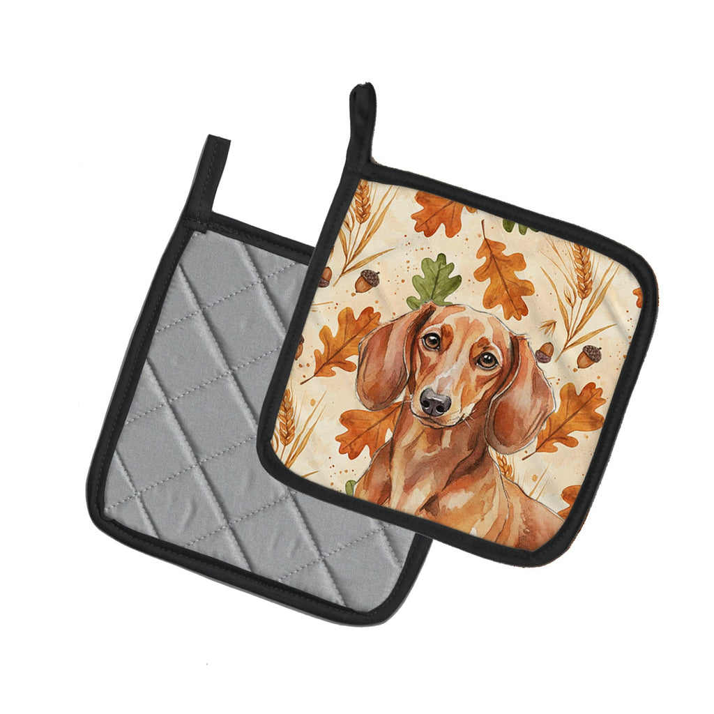Red Brown Dachshund Heirloom Fall Pot Holder Set of 2 Heat Resistant Quilted Hot Pads 7.5 x 7.5 Inch, Insulated Kitchen Trivets for Cooking & Baking