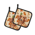 Red Brown Dachshund Heirloom Fall Pot Holder Set of 2 Heat Resistant Quilted Hot Pads 7.5 x 7.5 Inch, Insulated Kitchen Trivets for Cooking & Baking