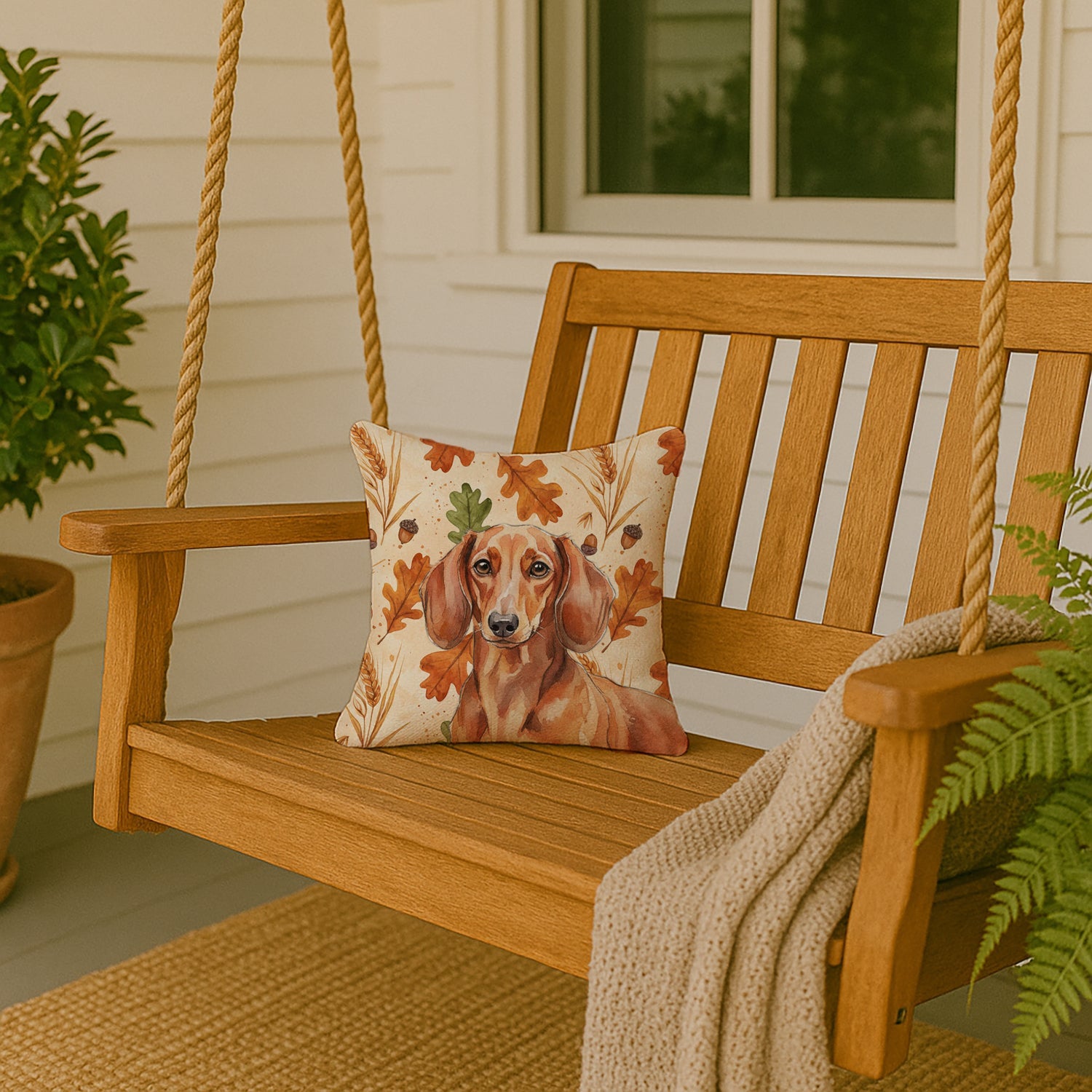 Red Brown Dachshund Heirloom Fall Decorative Throw Pillow 14x14 Indoor Outdoor Accent Cushion, Fabric Cover with Insert for Sofa, Bed, Porch & Living Room