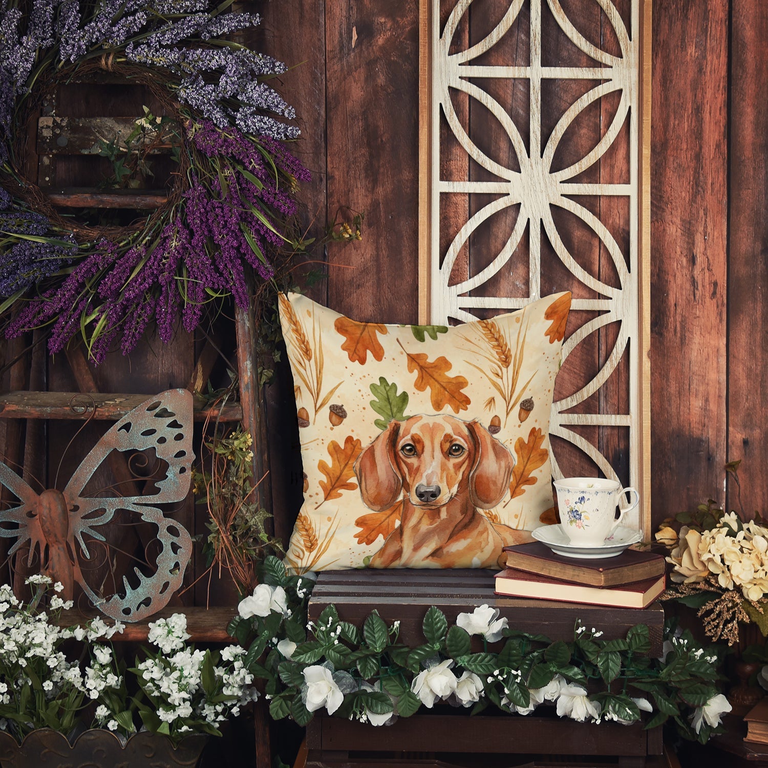 Red Brown Dachshund Heirloom Fall Decorative Throw Pillow 14x14 Indoor Outdoor Accent Cushion, Fabric Cover with Insert for Sofa, Bed, Porch & Living Room
