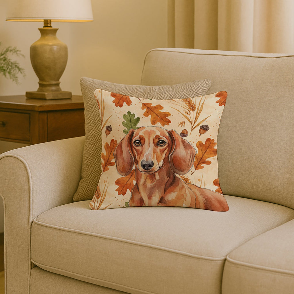 Red Brown Dachshund Heirloom Fall Decorative Throw Pillow 18x18 Indoor Outdoor Accent Cushion, Fabric Cover with Insert for Sofa, Bed, Porch & Living Room