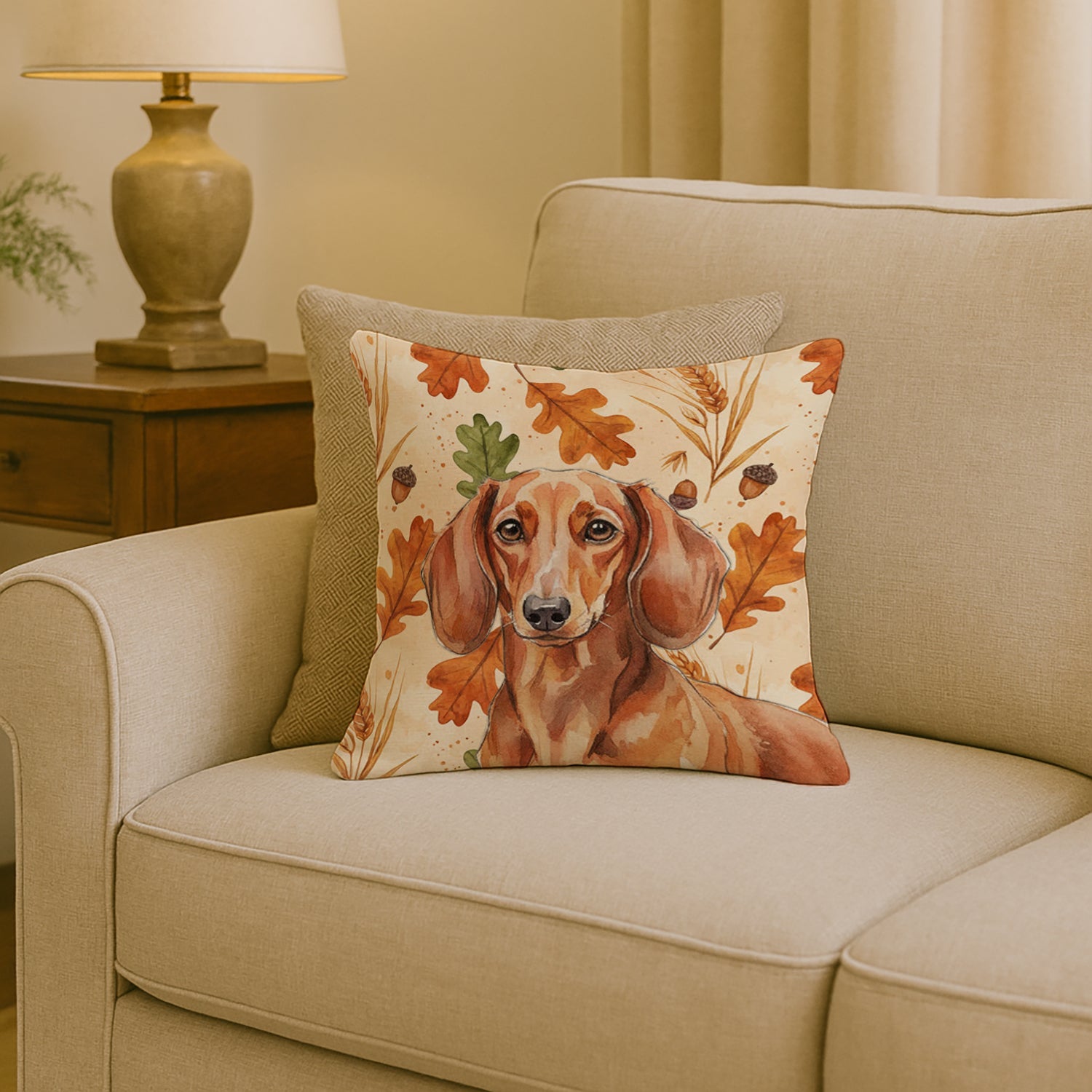 Red Brown Dachshund Heirloom Fall Decorative Throw Pillow 18x18 Indoor Outdoor Accent Cushion, Fabric Cover with Insert for Sofa, Bed, Porch & Living Room