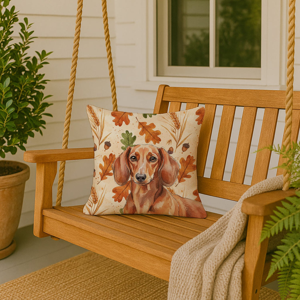 Red Brown Dachshund Heirloom Fall Decorative Throw Pillow 18x18 Indoor Outdoor Accent Cushion, Fabric Cover with Insert for Sofa, Bed, Porch & Living Room
