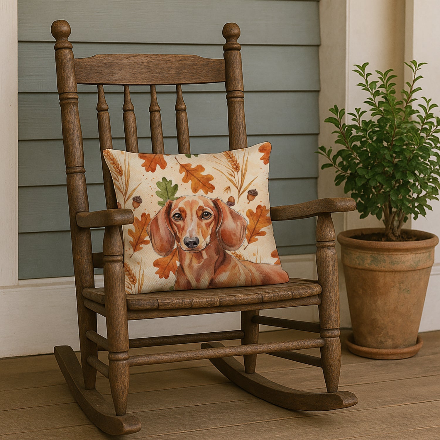 Red Brown Dachshund Heirloom Fall Decorative Throw Pillow 18x18 Indoor Outdoor Accent Cushion, Fabric Cover with Insert for Sofa, Bed, Porch & Living Room